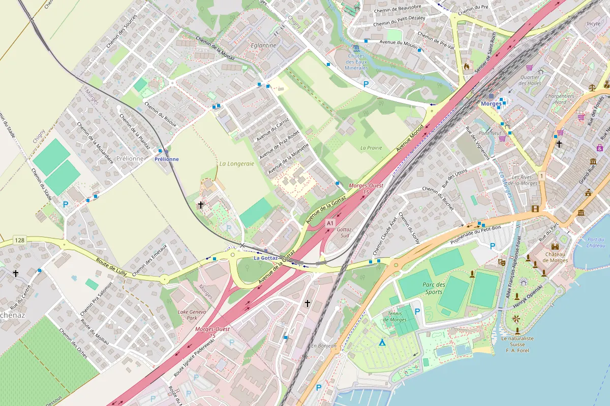 Plan du quartier de la Gottaz à Morges, avec le cabinet aux Vergers-de-la-Gottaz 20, près de la sortie d’autoroute Morges-Ouest
